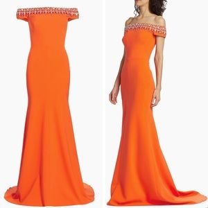 Jenny Packham Zina Crepe Off The Shoulder Gown Tangerine Dress